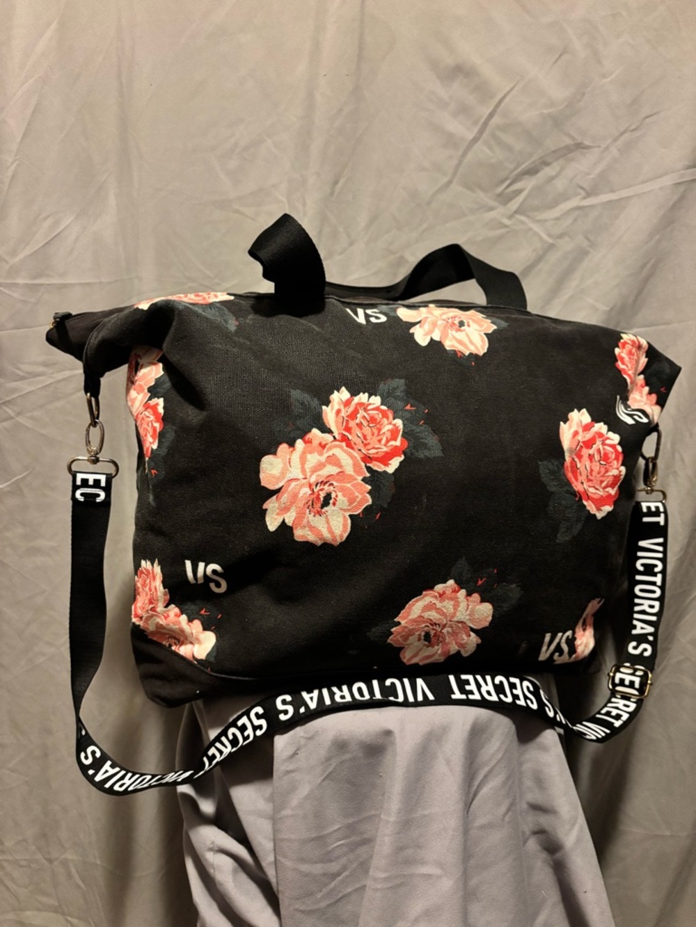 Victoria's Secret Black Floral Weekender Bag Vintage